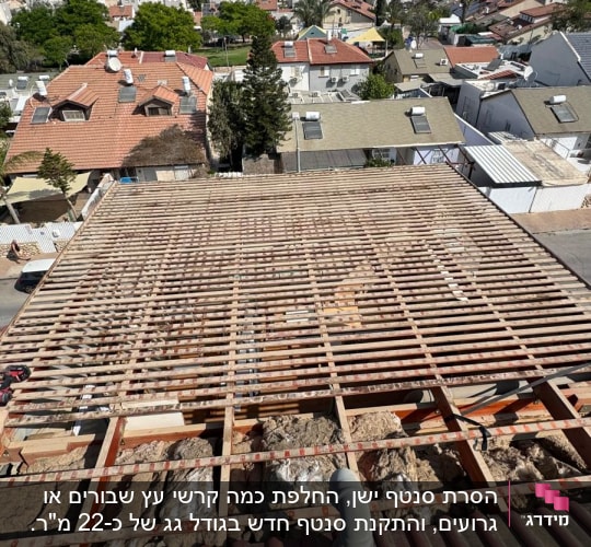 גג עם קורות עץ בתהליך בנייה או תיקון